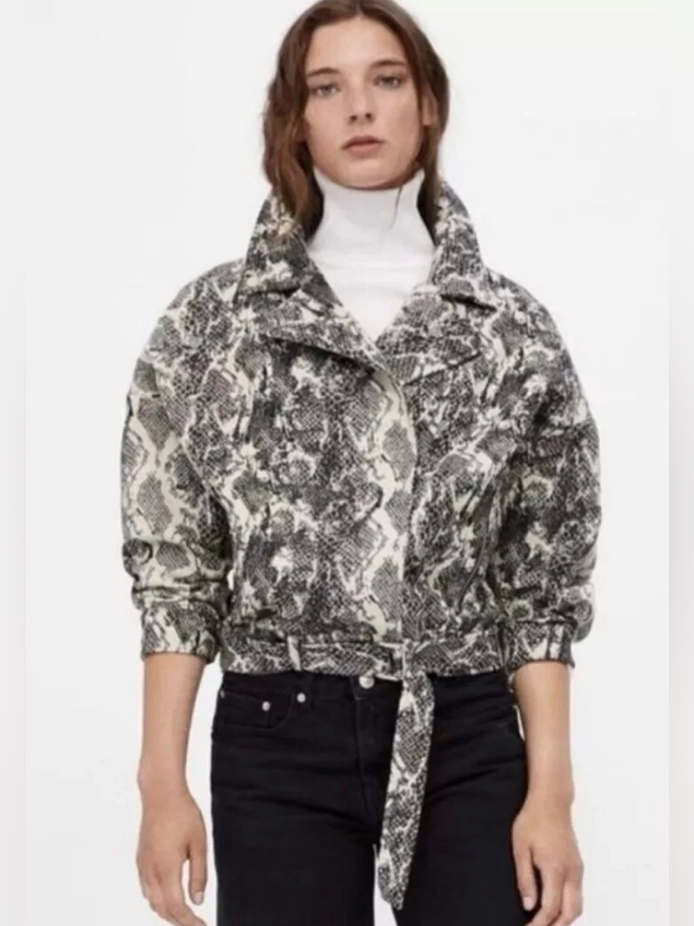 ZARA BASIC Snakeskin Jacquard Moto Biker Jacket Size Medium Grey Black Cream
